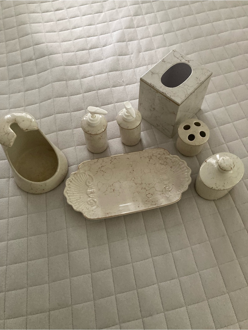 Cream/Beige Marble Style Bathroom Ceramic Accessory Set - 7-Piece